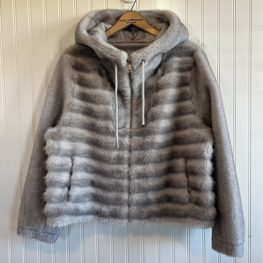 Grey Faux Fur Ribbed Half Zip Hoodie Pullover Jacket Silver Gray Plush Coat - Picture 1 of 10
